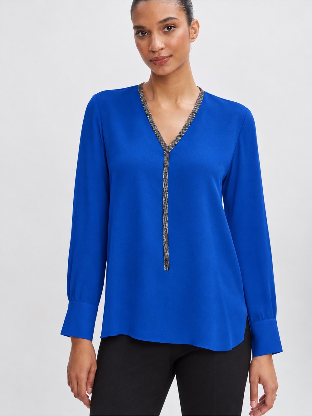 Elie Tahari Cobalt Blue V-Neck Blouse with Metallic Trim